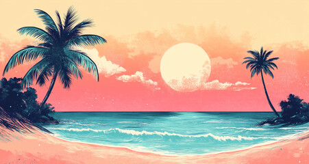 Obraz premium tropical beach landscape in retro risograph style, ideal for travel posters, summer event flyers, vintage greeting cards, or wall art decoration