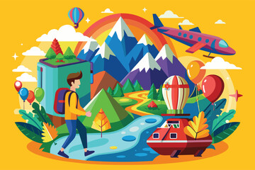 A cartoon illustration of a young man hiking through a vibrant landscape with mountains, a river, and hot air balloons.