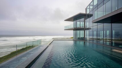 Fototapeta premium Oceanfront luxury: An architectural marvel with an infinity pool overlooking the sea, offering serene coastal living and modern design.