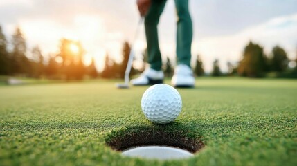 A close-up of a golf ball by the hole as a golfer prepares to putt on a green.