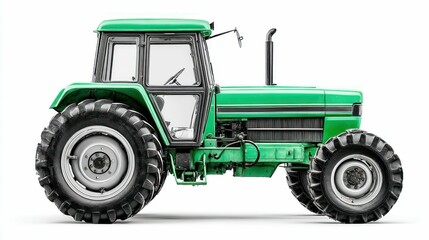A detailed side view of a bright green tractor, isolated on a white background, showcasing power.