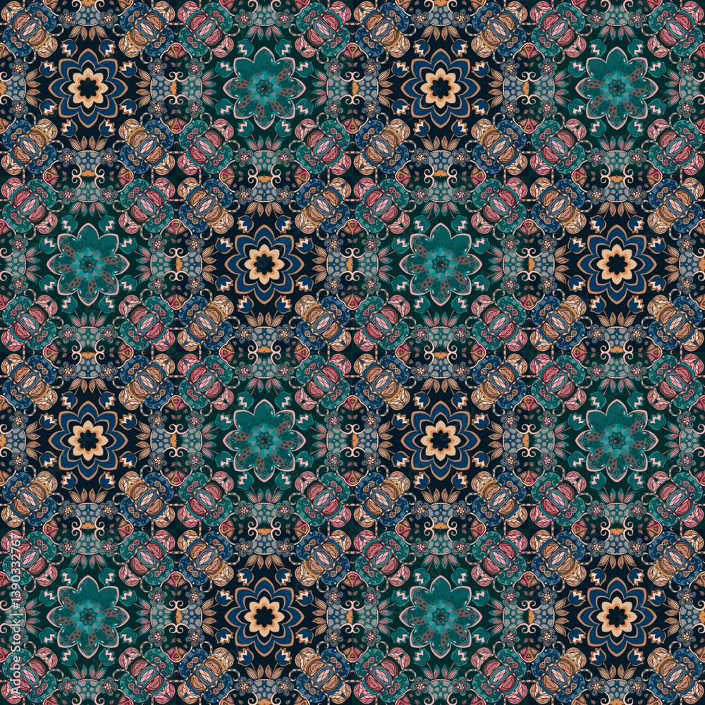 Wall mural seamless ethnic checkered pattern with mandalas, small flowers and curls. multicolored pattern for f