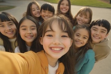 Obraz premium Smiling diverse group of kids taking a selfie outdoors during the day