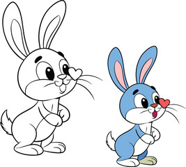 Adorable rabbits share a sweet kiss, surrounded by hearts and flowers, in this charming coloring page perfect for celebrating love and cuteness!