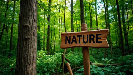 wooden signpost with the inscription Nature among the forest thicket