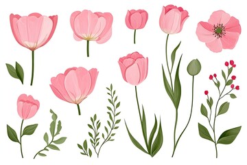 Pastel Pink Tulips Floral Set Isolated, Delicate Flower Blossoms, Green Leaves, Stems