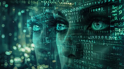 Barcoded Souls: A Dystopian Future - A woman's face merges with binary code, symbolizing technological control, identity loss, surveillance, data streams, and the dehumanization of society