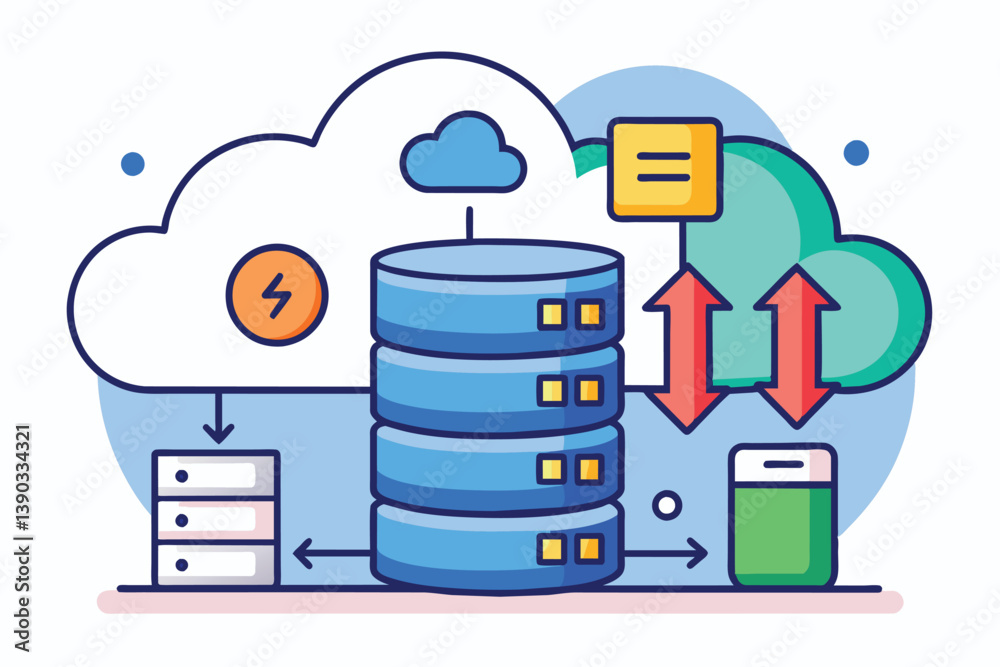 Poster this illustration depicts a cloud server with data being transferred to and from a smartphone and an