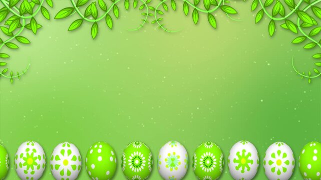 beautiful green landscape view with decorated eggs and green plant leaves with floating blur particles on blue Green background. concept for easter holiday celebration and copy space for blessings.