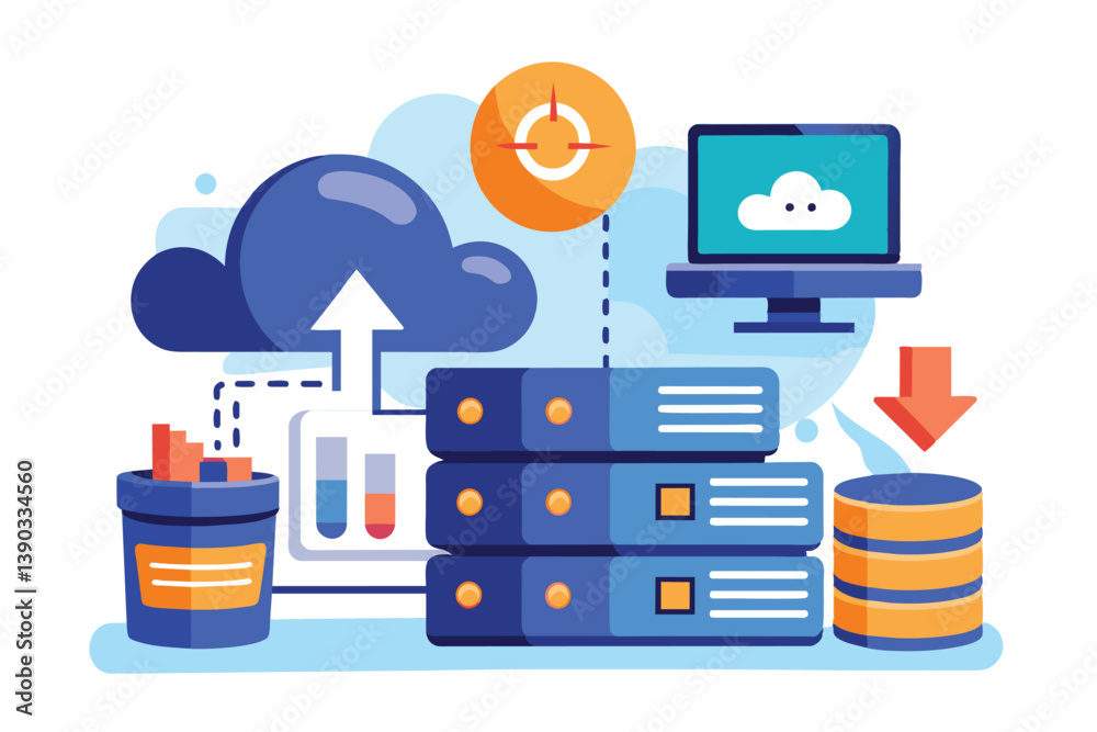 Poster illustrating cloud data storage and server management, data is uploaded and managed on a cloud serve