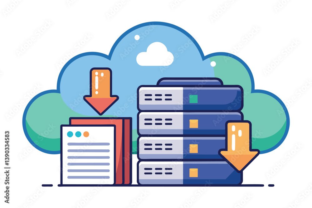 Poster an illustration of a digital file being downloaded from a cloud server. the file is represented by a