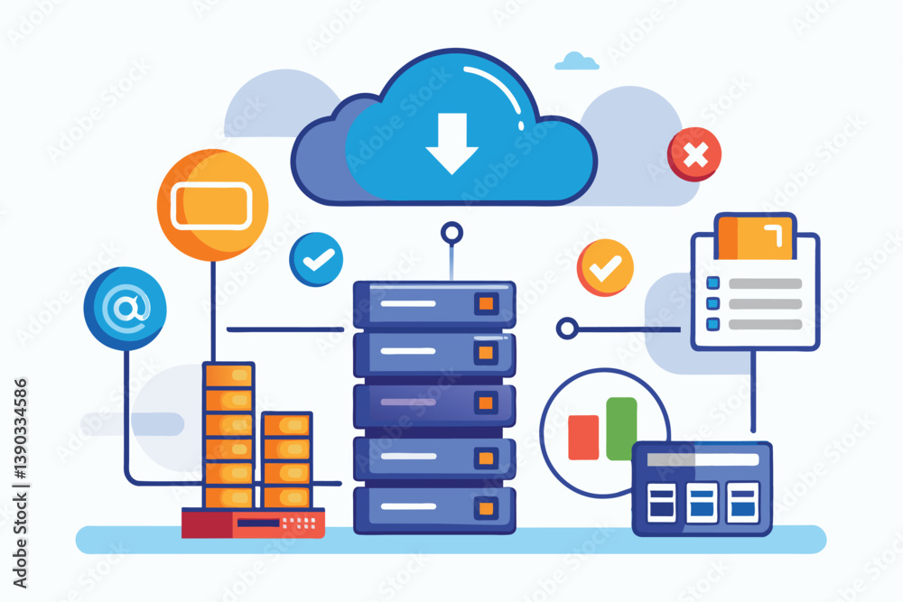 Poster illustration depicting a cloud-based server management system with multiple features and options for