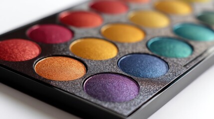 Close-up of Colorful Eyeshadow Palette with Metallic Shimmering Pigments