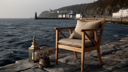 A charming chair placed beside a tranquil waterfront, offering a perfect spot for relaxation and contemplation with stunning views of the landscape and seascape.