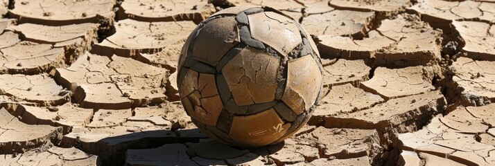 Cracked Soccer Ball on Dried Earth - A weathered soccer ball rests on parched, cracked earth, symbolizing lost potential, environmental hardship, the fragility of hope, resilience amidst adversity