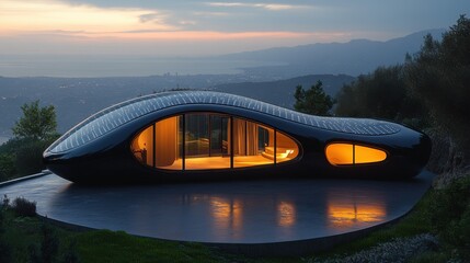 Futuristic house, sleek design, hillside location, sunset view