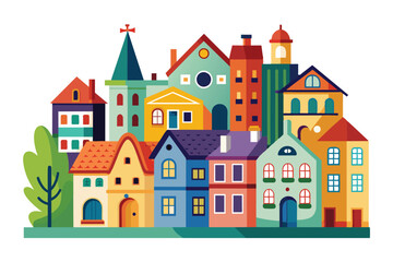 A whimsical illustration depicts a colorful European cityscape, featuring various buildings, including a tall tower and a church, all set against a white background.