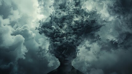 Obraz premium Dark Clouds of Thought - A surreal depicting a person enveloped by dark, swirling clouds, symbolizing inner turmoil, mental anguish, overwhelming emotions, hidden thoughts