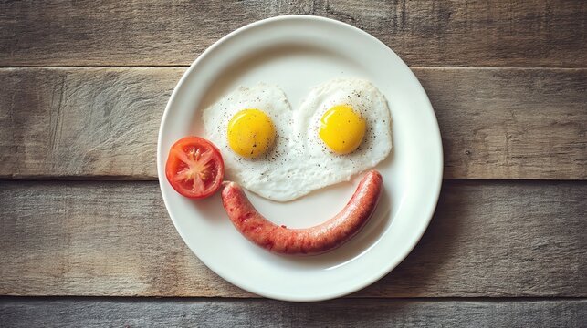 A simple white plate on a wooden table, arranged with food to form a smiling face, two sunny-side-up eggs as the eyes, a slice of tomato as the nose, and a curved sausage as the. - Powered by Adobe