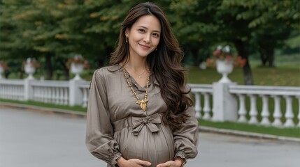 Fototapeta premium A serene pregnant woman in stylish maternity wear stands outdoors, cradling her baby bump, symbolizing beauty, motherhood, and the joy of anticipation for new life.
