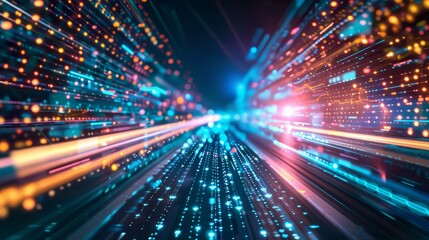 Obraz premium Data Stream Highway - Abstract depicting a futuristic data highway with glowing streams of information. Perfect for technology, innovation, and speed concepts