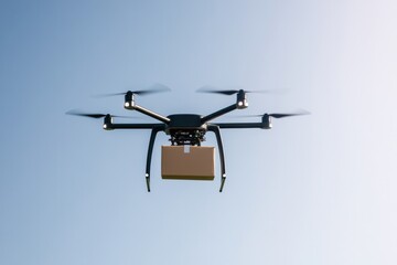 Advanced drone equipped for delivery, soaring against clear sky