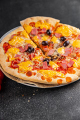 Pizza ham, mushrooms, olives, cheese appetizer vegetable dish fresh gourmet food background on the table rustic food top view copy space