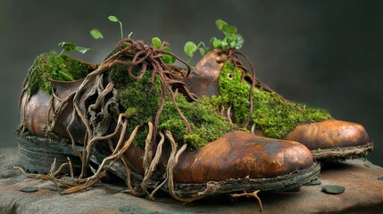 Naklejka premium An old weathered pair of shoes is covered in green moss