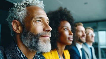Obraz premium A diverse group of business colleagues are shown gazing towards an optimistic future, side profile.