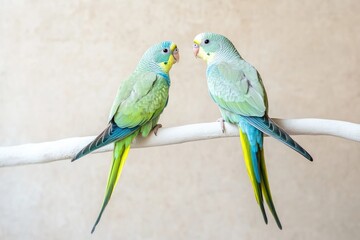 Naklejka premium Colorful parrots perched closely, showcasing vibrant feathers an