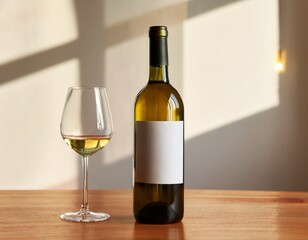 Elegant wine bottle mockup with blank label on a wooden table next to an empty glass of wine
