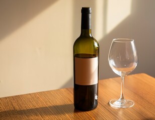 Elegant wine bottle mockup with blank label on a wooden table next to an empty glass of wine