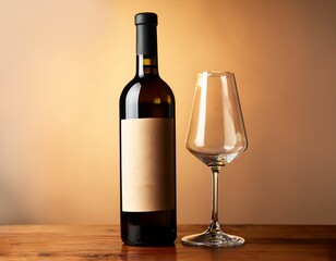 Elegant wine bottle mockup with blank label on a wooden table next to an empty glass of wine