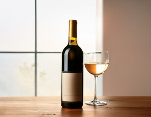 Elegant wine bottle mockup with blank label on a wooden table next to an empty glass of wine