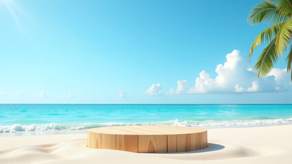 Obraz premium wooden empty podium displays luxury summer products beautiful beach clear blue