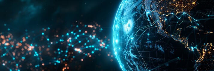 Global Network Innovation - Futuristic globe, showcasing global technological connections, data flow, and network infrastructure. Symbolizes innovation, connectivity, communication, progress