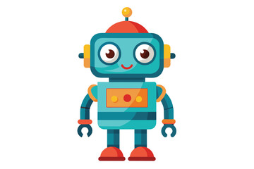 An illustration of a cartoon robot with a blue body, red hat, and yellow ears, standing on a white background.