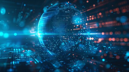 Obraz premium Global Tech Network Sphere - Futuristic globe symbolizes global connectivity, data flow, technological advancement, network infrastructure, and transformation