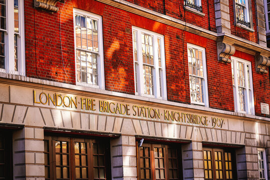 Knightsbridge Fire Station Signage Sign, Brick Architecture Exterior, London Fire Brigade (LFB) Name Signage, Central London, England, United Kingdom, April 2025