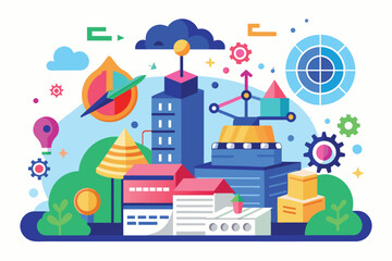 A colorful, abstract illustration depicting a modern city with tall buildings, industrial machinery, and various geometric shapes.