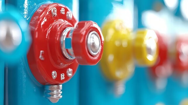 Colorful industrial control knobs close up