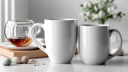 Two white coffee mugs mockup, one mug on the left and the second one behind it. The background is a plain light grey. No text or design is visible on the mugs. Photorealistic.