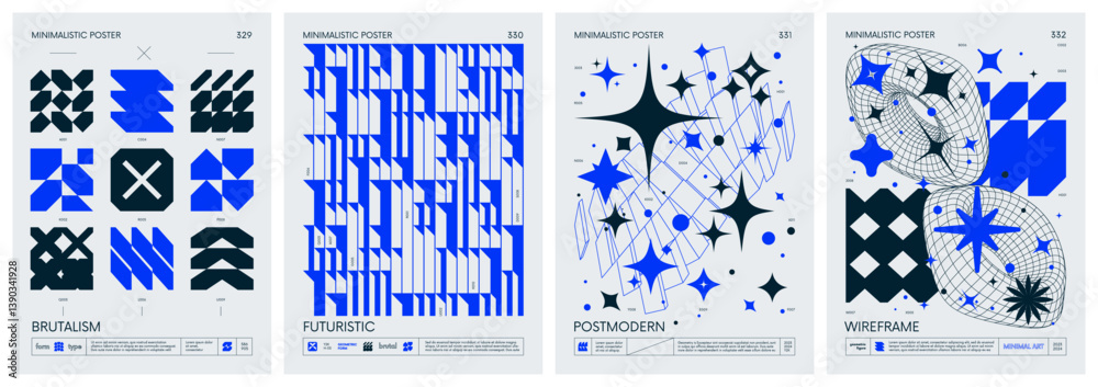 Poster brutalism style vector minimalistic posters with silhouette postmodern figures, futuristic abstract 