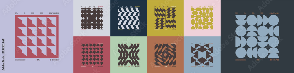 Aufkleber kit of postmodern geometric compositions with abstract shapes in brutalism aesthetics, mosaic of bru