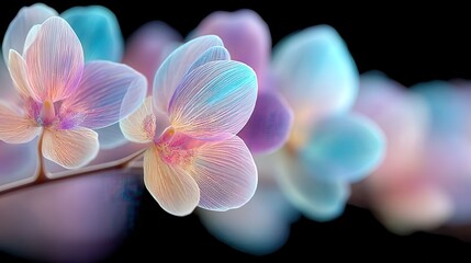 Fototapeta premium Close-up of glowing orchid petals opening slowly, bioluminescent light effect, black background, cinematic lighting, no text or branding.