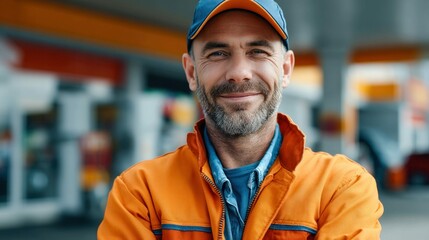 A friendly gas station attendant poses for a portrait, smiling in his work attire, at his workplace.