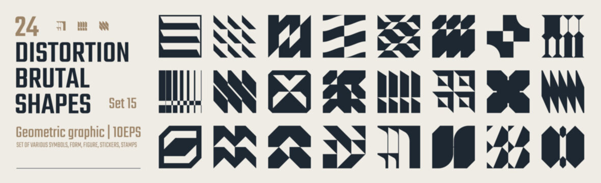 Postmodern abstract geometric graphic elements, Refraction and distortion glass effect various form, Brutalist vector shapes, trendy retro design symbols in Y2K aesthetics, vintage stickers, set 15