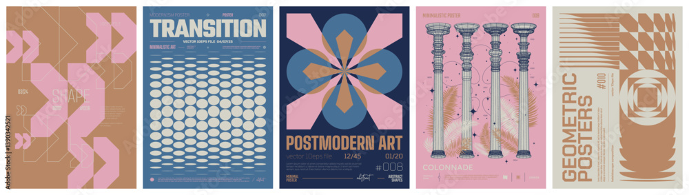 Aufkleber set modernism art colorful trendy posters, artwork in minimalism and brutalism style, abstract geome