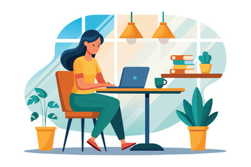 A woman sits at a table in a coffee shop, working on her laptop. She has long dark hair and is wearing a yellow shirt and green pants.