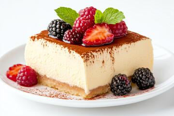 Tiramisu dessert with cocoa powder and fresh berries topped with mint leaves on a white plate